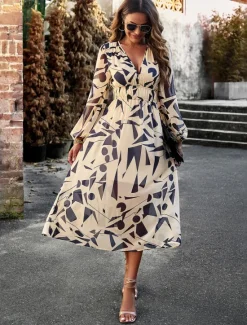 Discount Women's Floral Geometric Ruched Print V Neck Midi Dress Daily Vacation Long Sleeve Spring Fall Women Spring Dresses
