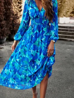 Discount Women's Floral Geometric Ruched Print V Neck Midi Dress Daily Vacation Long Sleeve Spring Fall Women Spring Dresses