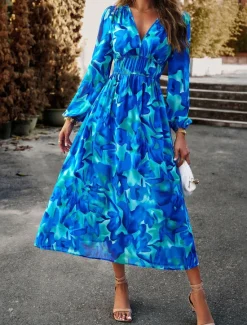 Discount Women's Floral Geometric Ruched Print V Neck Midi Dress Daily Vacation Long Sleeve Spring Fall Women Spring Dresses