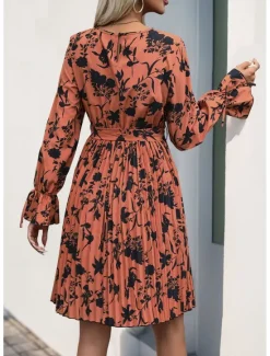 Hot Women's Floral Graphic Crew Neck Mini Dress Long Sleeve Spring Fall Women Spring Dresses