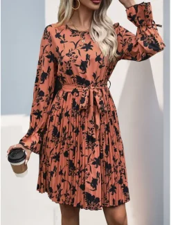 Hot Women's Floral Graphic Crew Neck Mini Dress Long Sleeve Spring Fall Women Spring Dresses