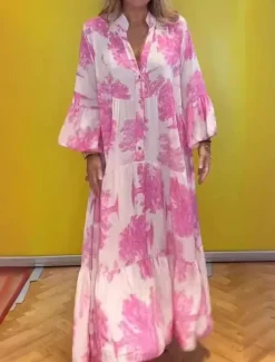 Sale Women's Floral Graphic Print V Neck Flared Sleeve Maxi Dress Long Sleeve Spring Fall Women Vacation Dresses