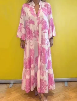 Sale Women's Floral Graphic Print V Neck Flared Sleeve Maxi Dress Long Sleeve Spring Fall Women Vacation Dresses