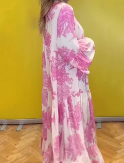 Sale Women's Floral Graphic Print V Neck Flared Sleeve Maxi Dress Long Sleeve Spring Fall Women Vacation Dresses