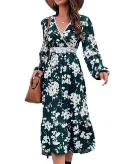 Outlet Women's Floral Lace Print V Neck Long Dress Maxi Dress Long Sleeve Spring Fall Women Spring Dresses