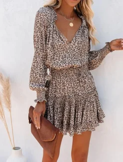 Online Women's Floral Leopard Ruched Ruffle V Neck Mini Dress Daily Vacation Long Sleeve Summer Spring Women Floral Dresses|Spring Dresses