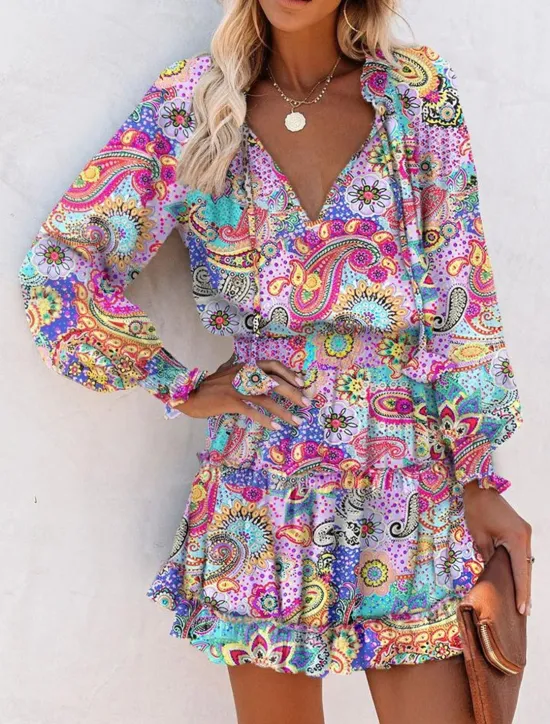 Online Women's Floral Leopard Ruched Ruffle V Neck Mini Dress Daily Vacation Long Sleeve Summer Spring Women Floral Dresses|Spring Dresses