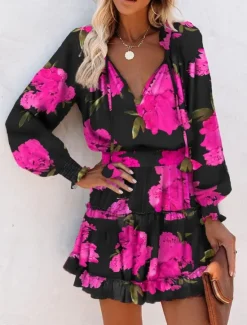 Online Women's Floral Leopard Ruched Ruffle V Neck Mini Dress Daily Vacation Long Sleeve Summer Spring Women Floral Dresses|Spring Dresses