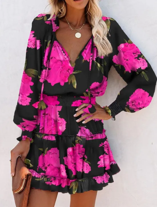 Online Women's Floral Leopard Ruched Ruffle V Neck Mini Dress Daily Vacation Long Sleeve Summer Spring Women Floral Dresses|Spring Dresses