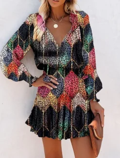 Online Women's Floral Leopard Ruched Ruffle V Neck Mini Dress Daily Vacation Long Sleeve Summer Spring Women Floral Dresses|Spring Dresses