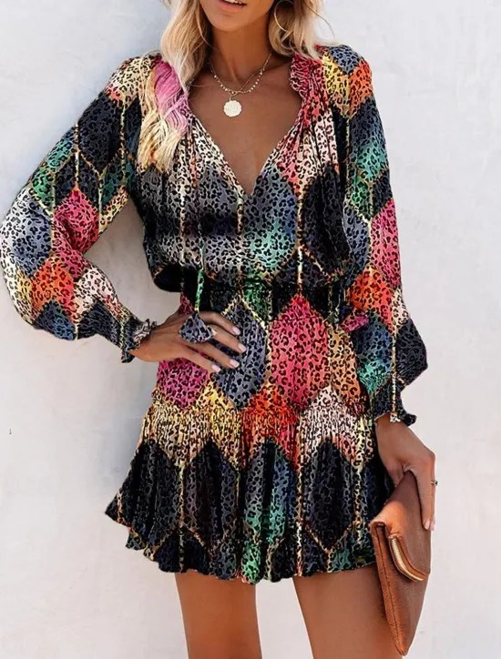 Online Women's Floral Leopard Ruched Ruffle V Neck Mini Dress Daily Vacation Long Sleeve Summer Spring Women Floral Dresses|Spring Dresses