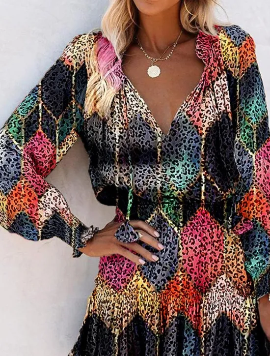 Online Women's Floral Leopard Ruched Ruffle V Neck Mini Dress Daily Vacation Long Sleeve Summer Spring Women Floral Dresses|Spring Dresses