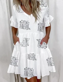 Online Women's Floral Letter V Neck Mini Dress Short Sleeve Summer Spring Women Floral Dresses