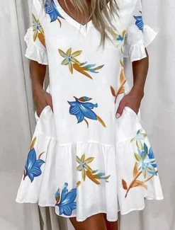Online Women's Floral Letter V Neck Mini Dress Short Sleeve Summer Spring Women Floral Dresses