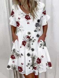 Online Women's Floral Letter V Neck Mini Dress Short Sleeve Summer Spring Women Floral Dresses