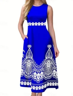 Sale Women's Floral Print Crew Neck Long Dress Maxi Dress Elegant Stylish Party Daily Sleeveless Summer Women Floral Dresses|Spring Dresses