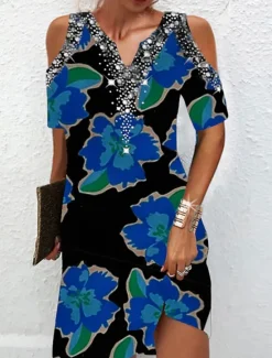 Online Women's Floral Print V Neck Mini Dress Formal Party Date Summer Women Spring Dresses