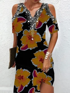 Online Women's Floral Print V Neck Mini Dress Formal Party Date Summer Women Spring Dresses