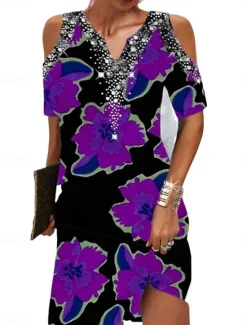 Online Women's Floral Print V Neck Mini Dress Formal Party Date Summer Women Spring Dresses