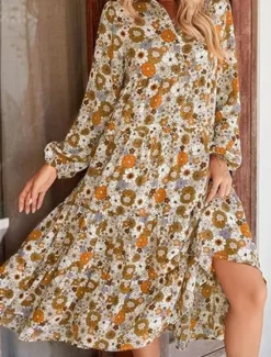 Online Women's Floral Shirt Collar Midi Dress Long Sleeve Summer Spring Women Spring Dresses
