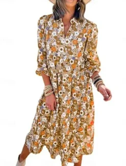 Online Women's Floral Shirt Collar Midi Dress Long Sleeve Summer Spring Women Spring Dresses