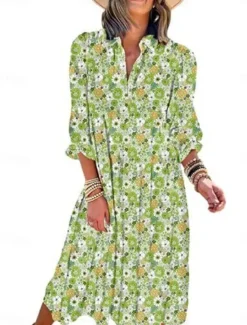 Online Women's Floral Shirt Collar Midi Dress Long Sleeve Summer Spring Women Spring Dresses