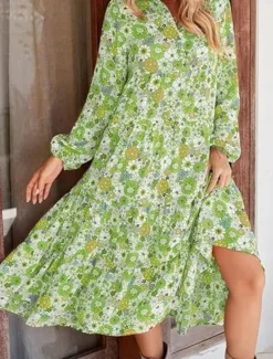 Online Women's Floral Shirt Collar Midi Dress Long Sleeve Summer Spring Women Spring Dresses