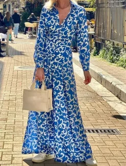 New Women's Floral Shirt Collar Maxi Dress Long Sleeve Summer Spring Women Vacation Dresses