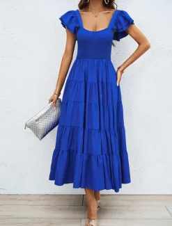 Discount Women's Floral Square Neck Midi Dress Short Sleeve Summer Spring Women Cocktail Dress