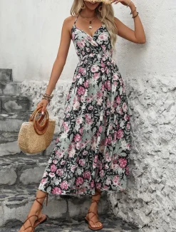 Online Women's Floral Strap Midi Dress Sleeveless Summer Spring Women Spring Dresses|Floral Dresses