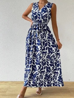 Hot Women's Floral V Neck Maxi Dress Sleeveless Summer Spring Women Floral Dresses