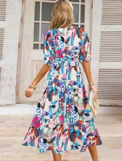 Online Women's Floral V Neck Maxi Dress Short Sleeve Summer Spring Women Spring Dresses