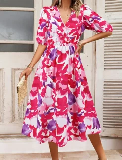Online Women's Floral V Neck Maxi Dress Short Sleeve Summer Spring Women Spring Dresses