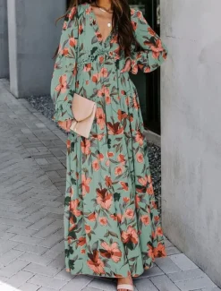 Discount Women's Floral V Neck Maxi Dress Long Sleeve Spring Fall Women Floral Dresses