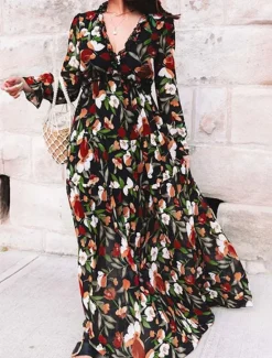 Discount Women's Floral V Neck Maxi Dress Long Sleeve Spring Fall Women Floral Dresses