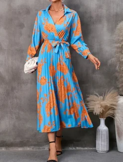 Women's Floral V Neck Midi Dress Long Sleeve Spring Fall Women Work Dresses