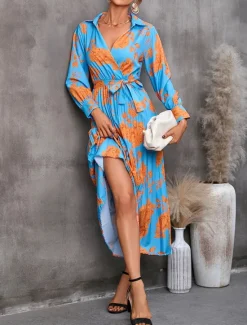 Women's Floral V Neck Midi Dress Long Sleeve Spring Fall Women Work Dresses