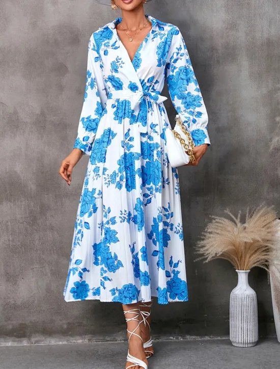 Women's Floral V Neck Midi Dress Long Sleeve Spring Fall Women Work Dresses