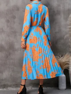 Women's Floral V Neck Midi Dress Long Sleeve Spring Fall Women Work Dresses