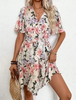 Sale Women's Floral V Neck Mini Dress Short Sleeve Summer Spring Women Spring Dresses