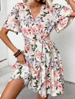 Sale Women's Floral V Neck Mini Dress Short Sleeve Summer Spring Women Spring Dresses