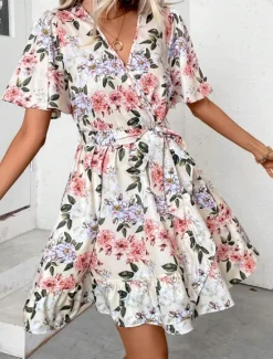 Sale Women's Floral V Neck Mini Dress Short Sleeve Summer Spring Women Spring Dresses