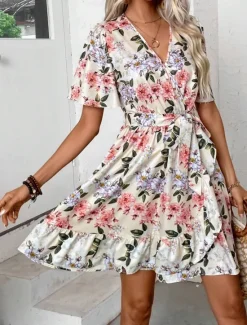 Sale Women's Floral V Neck Mini Dress Short Sleeve Summer Spring Women Spring Dresses