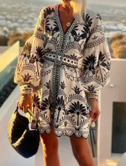 Online Women's Floral V Neck Mini Dress Long Sleeve Summer Spring Women Floral Dresses