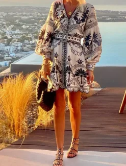 Online Women's Floral V Neck Mini Dress Long Sleeve Summer Spring Women Floral Dresses