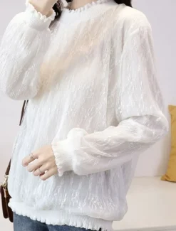 New Women's Flowy Tops Solid Color Elegant Ladies Long Sleeve High Neck Regular Tops Going out Lace White Gray Spring Fall Women Lace Tops