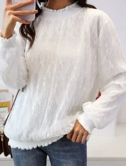 New Women's Flowy Tops Solid Color Elegant Ladies Long Sleeve High Neck Regular Tops Going out Lace White Gray Spring Fall Women Lace Tops