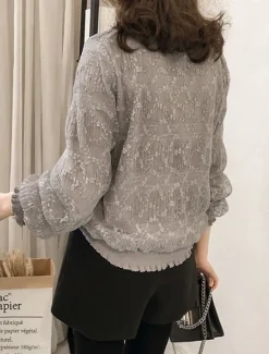 New Women's Flowy Tops Solid Color Elegant Ladies Long Sleeve High Neck Regular Tops Going out Lace White Gray Spring Fall Women Lace Tops