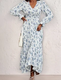 Clearance Women's Formal Dress Floral Ruffle V Neck Long Dress Maxi Dress Elegant Stylish Daily Long Sleeve Fall Women Spring Dresses