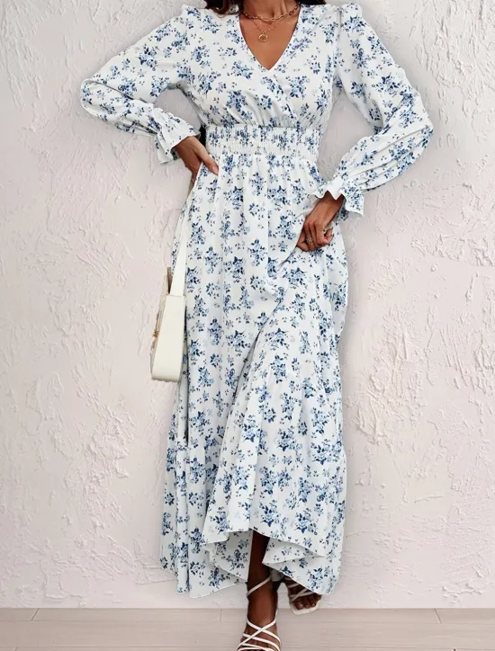 Clearance Women's Formal Dress Floral Ruffle V Neck Long Dress Maxi Dress Elegant Stylish Daily Long Sleeve Fall Women Spring Dresses